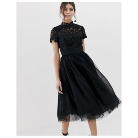 CHI CHI LONDON Black Lace Floral Tulle Netted MIDI Cocktail Formal Dress Gown 8 - Picture 1 of 15